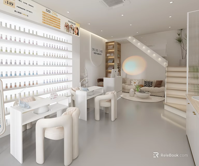Elegant Modern Beauty Hair Salon Interior With Nail Styling Stations And White Chairs 3d model 