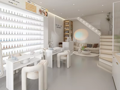 Elegant Modern Beauty Hair Salon Interior With Nail Styling Stations And White Chairs 3d model