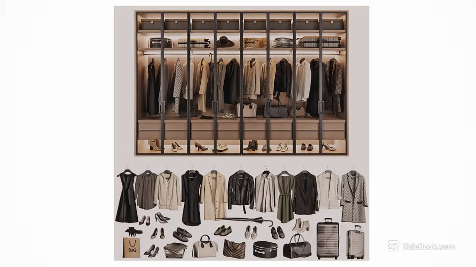 Modern Closet Interior With Hanging Clothes Shoes Bags And Storage Shelves 3d model 