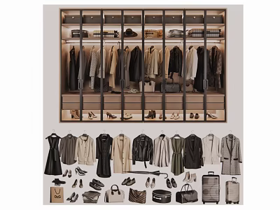 Modern Closet Interior With Hanging Clothes Shoes Bags And Storage Shelves 3d model