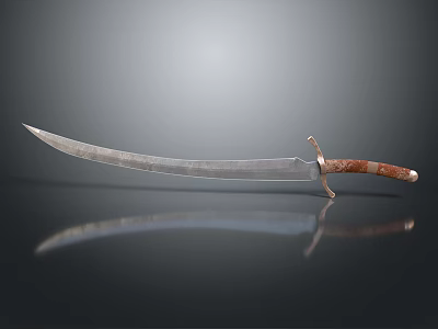 Vintage Long Sword With Wooden Handle And Sharp Metal Blade On Dark Reflective Surface 3d model