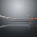 Vintage Long Sword With Wooden Handle And Sharp Metal Blade On Dark Reflective Surface