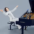 Man in white clothing sitting at black PALMGIN piano with arms outstretched