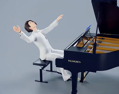 Man in white clothing sitting at black PALMGIN piano with arms outstretched 3d model