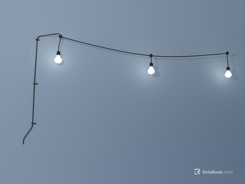 Illuminated Decorative String Lights with Black Wire and Three White Bulbs on Light Blue Wall 3d model 