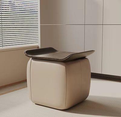 Modern Minimalist Beige Leather Side Table With Sleek Curved Top And Window Blinds 3d model