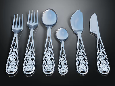 Elegant Silverware Set With Intricate Floral Carved Handles And Mirror Finish 3d model