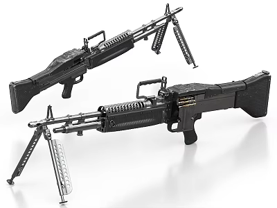 Military Style Black Machine Guns With Tripod Stands And Ammunition Belts 3d model
