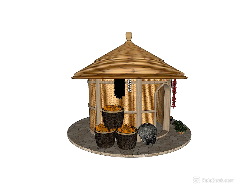 Thatched House with Conical Roof Bamboo Walls Circular Stone Base and Baskets 3d model 