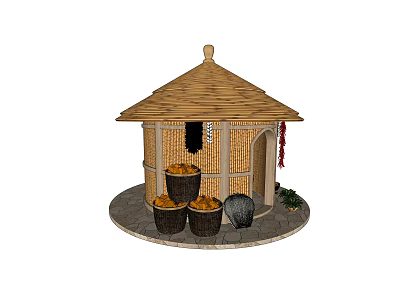 Thatched House with Conical Roof Bamboo Walls Circular Stone Base and Baskets 3d model