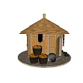 Thatched House with Conical Roof Bamboo Walls Circular Stone Base and Baskets