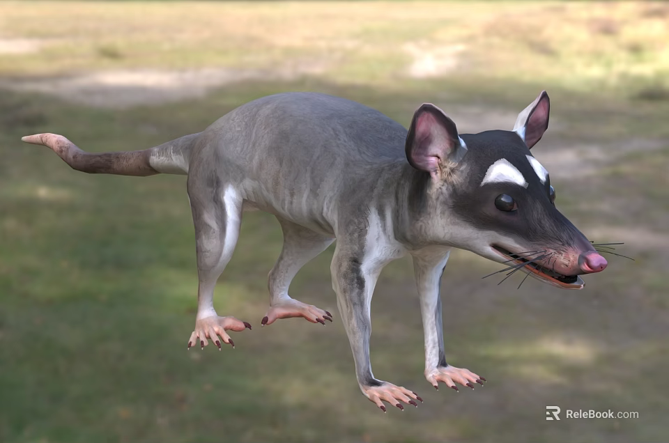 Gray Reptile With White Facial Markings Large Ears And Long Tail Standing On Grassland 3d model 