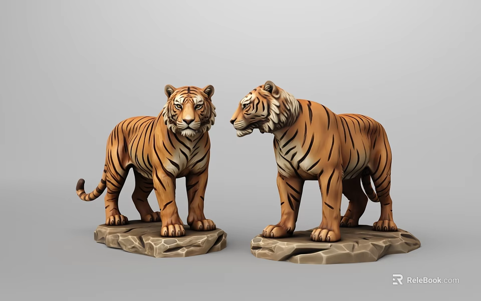 Detailed Tiger Sculptures With Striped Fur Standing On Stone Bases 3d model 