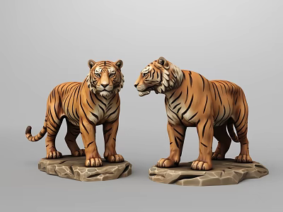 Detailed Tiger Sculptures With Striped Fur Standing On Stone Bases 3d model