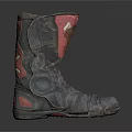 Worn High Top Black Leather Boots With Red Accents And Visible Dirt Marks