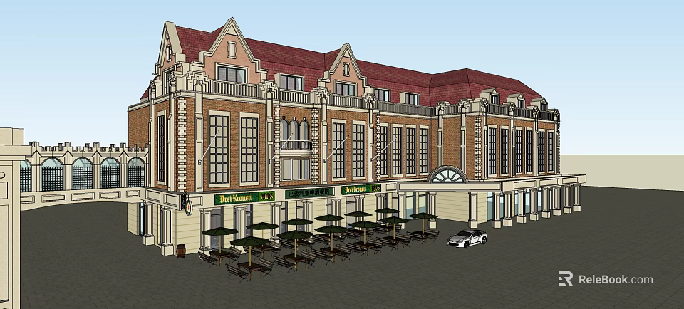 European Style Commercial Complex With Red Roof Ground Floor Shops And Outdoor Seating 3d model 