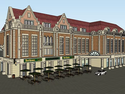 European Style Commercial Complex With Red Roof Ground Floor Shops And Outdoor Seating 3d model