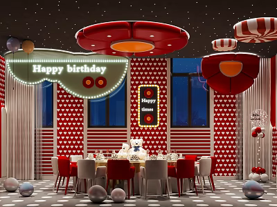 Birthday Themed Private Room With Red And White Polka Dot Walls Cake And Chairs 3d model
