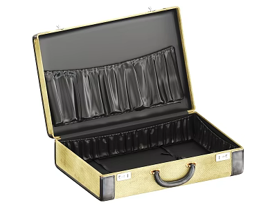 Open Golden Leather Suitcase Interior with Black Compartments and Pockets 3d model