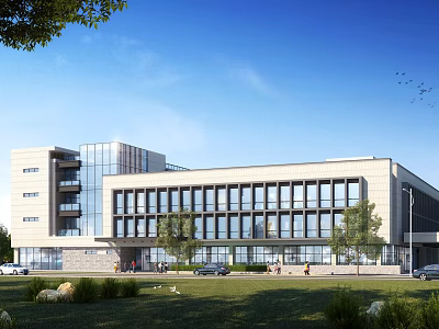 Modern Office Building with Glass Curtain Wall Surrounded by Green Landscape and Clear Blue Sky 3d model