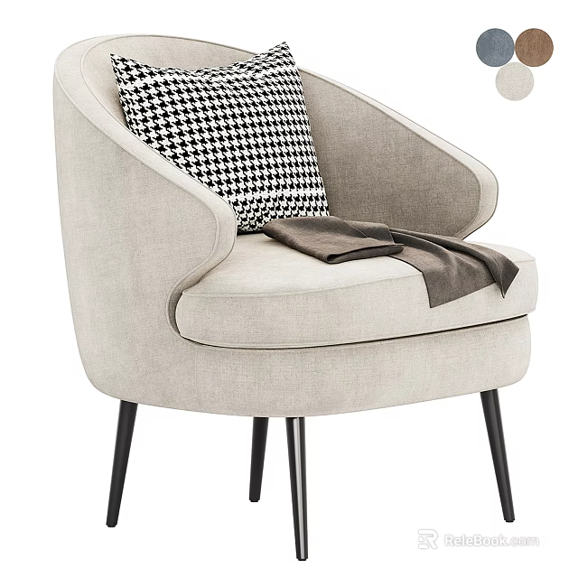 Beige Accent Chair with Black White Houndstooth Cushion and Brown Throw on Black Slender Legs 3d model 