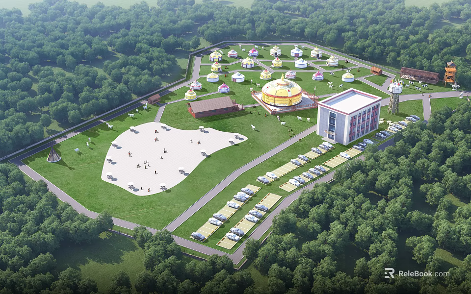 Scenic Forested Campsite With Green Lawn Dome Tents Parking Area And Modern Buildings 3d model 