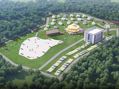Scenic Forested Campsite With Green Lawn Dome Tents Parking Area And Modern Buildings 3d model