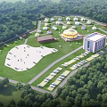 Scenic Forested Campsite With Green Lawn Dome Tents Parking Area And Modern Buildings
