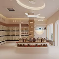 Warm Light Colored Modern Specialty Store Interior With Curved Shelves Counter Lighting And Displayed Merchandise