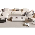 Modern Beige L-shaped Sofa and Coffee Table Set with Pillows Throw Blanket and Side Table 3d model