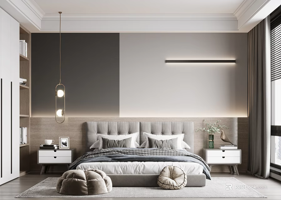 Modern Bedroom With Upholstered Headboard Paneled Accent Wall LED Strip Lighting Nightstands And Woven Cushions 3d model 