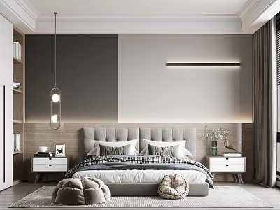 Modern Bedroom With Upholstered Headboard Paneled Accent Wall LED Strip Lighting Nightstands And Woven Cushions 3d model