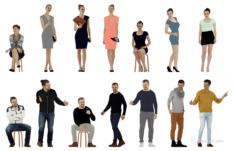 Group of Diverse People With Various Standing And Sitting Poses Different Clothing Styles 3d model 