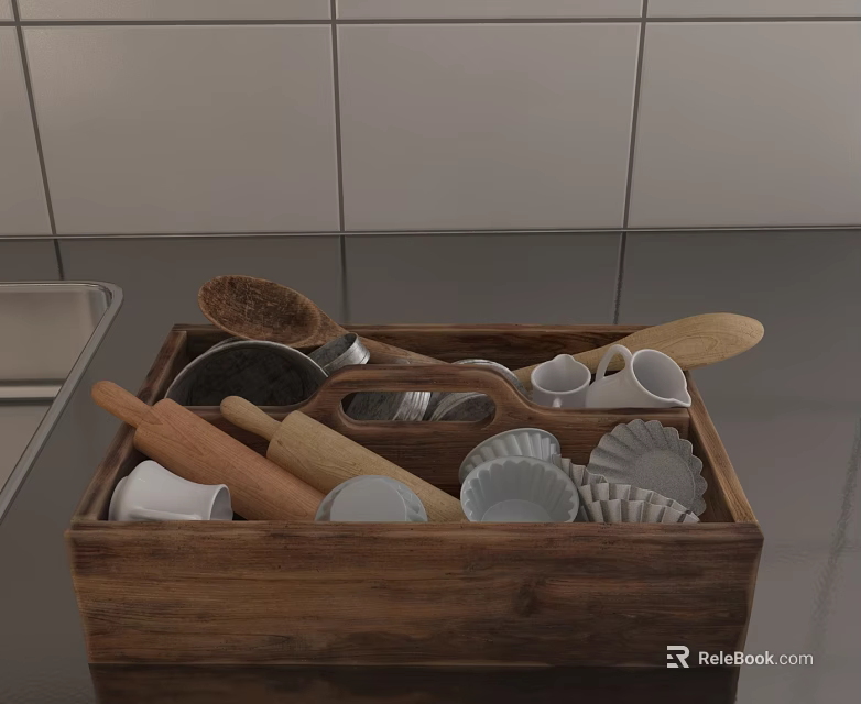 Essential Kitchen Utensils in Wooden Storage Box with Spoons Rolling Pins and Muffin Tins 3d model 