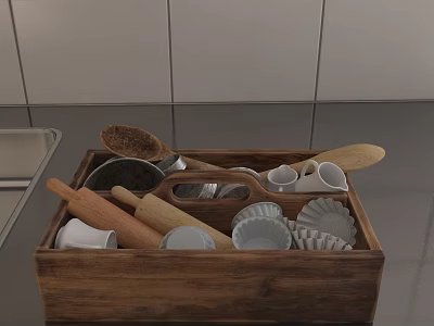 Essential Kitchen Utensils in Wooden Storage Box with Spoons Rolling Pins and Muffin Tins 3d model