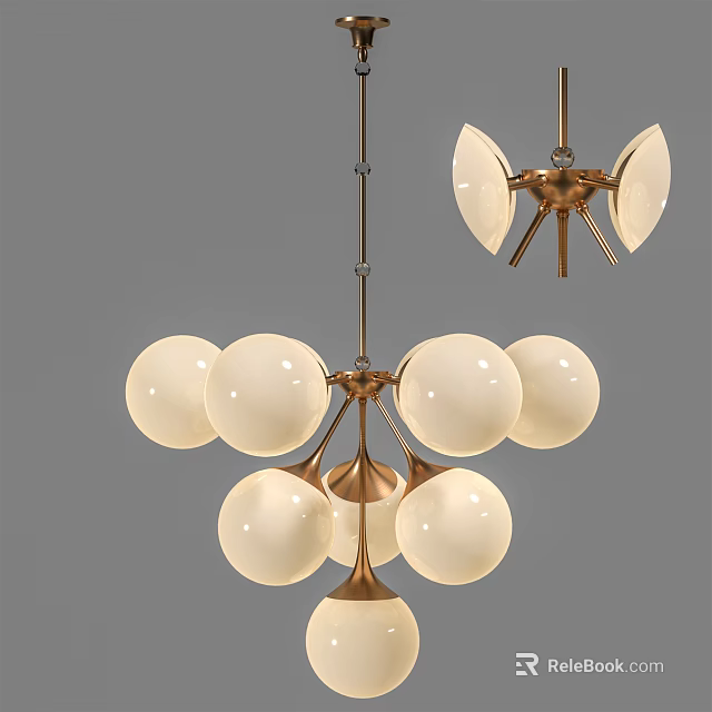Modern Chandelier With Multiple White Globes And Brass Frame Hanging Design 3d model 