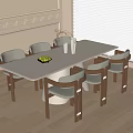 Modern Minimalist Dining Interior With White Table Six Chairs Light Gray Cushions Wooden Legs