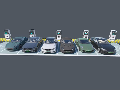 Row of Various Colored Electric Cars Parked at Charging Stations 3d model