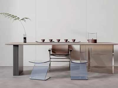 Modern Tea Table And Chairs With Tea Cups Set And Decorative Plant 3d model
