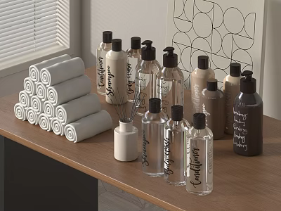 Stylish Display of Rolled Towels and Fragrance Bottles on Wooden Shelf 3d model