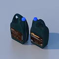 Two Dark Colored Household Plastic Bottles With Blue Caps Handles And Labels