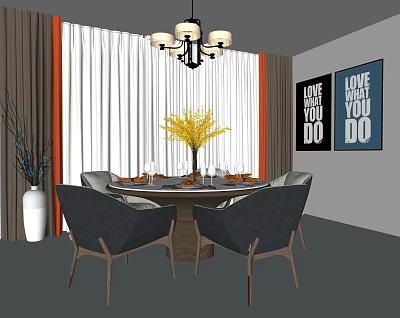 Modern Dining Table Set With Grey Chairs Yellow Flower Vase Chandelier And Wall Art 3d model