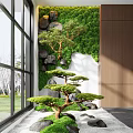 Indoor Garden Decor with Moss Wall Pine Tree Rocks Near Large Window and Wooden Accent