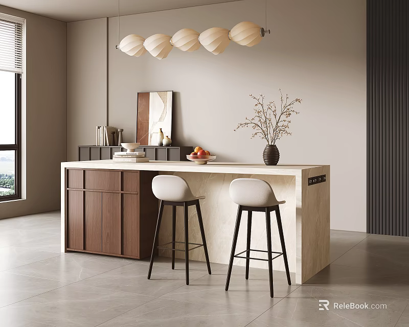 Modern Kitchen Interior With Light Wood Island Counter And White Stools 3d model 