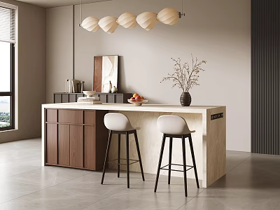 Modern Kitchen Interior With Light Wood Island Counter And White Stools 3d model