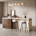 Modern Kitchen Interior With Light Wood Island Counter And White Stools