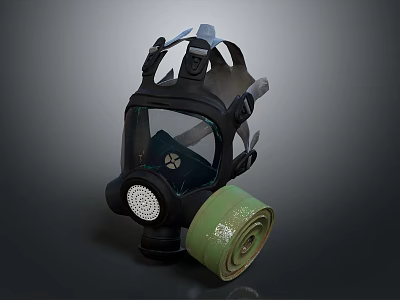 Fire Safety Gas Mask With Full Face Shield And Green Filter Canister 3d model