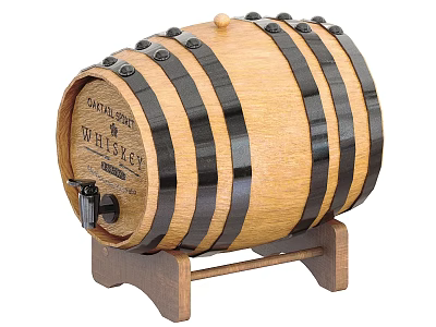 Vintage Wooden Barrel With Black Metal Hoops On Wooden Stand And Faucet 3d model