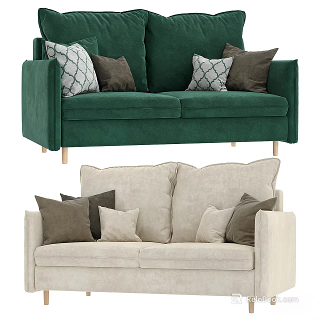 Modern Green and Beige Two Seater Sofas With Decorative Pillows 3d model