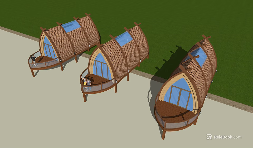 Boat Shaped Thatched Roof Huts With Wooden Structure And Blue Windows 3d model 